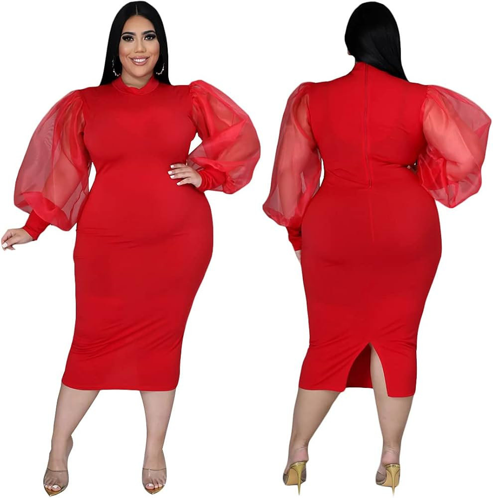 OLUOLIN Women's Elegant Plus Size Dresses Sheer Mesh Puff Sleeve Tunic Bodycon Pencil Midi Dress | Amazon (US)