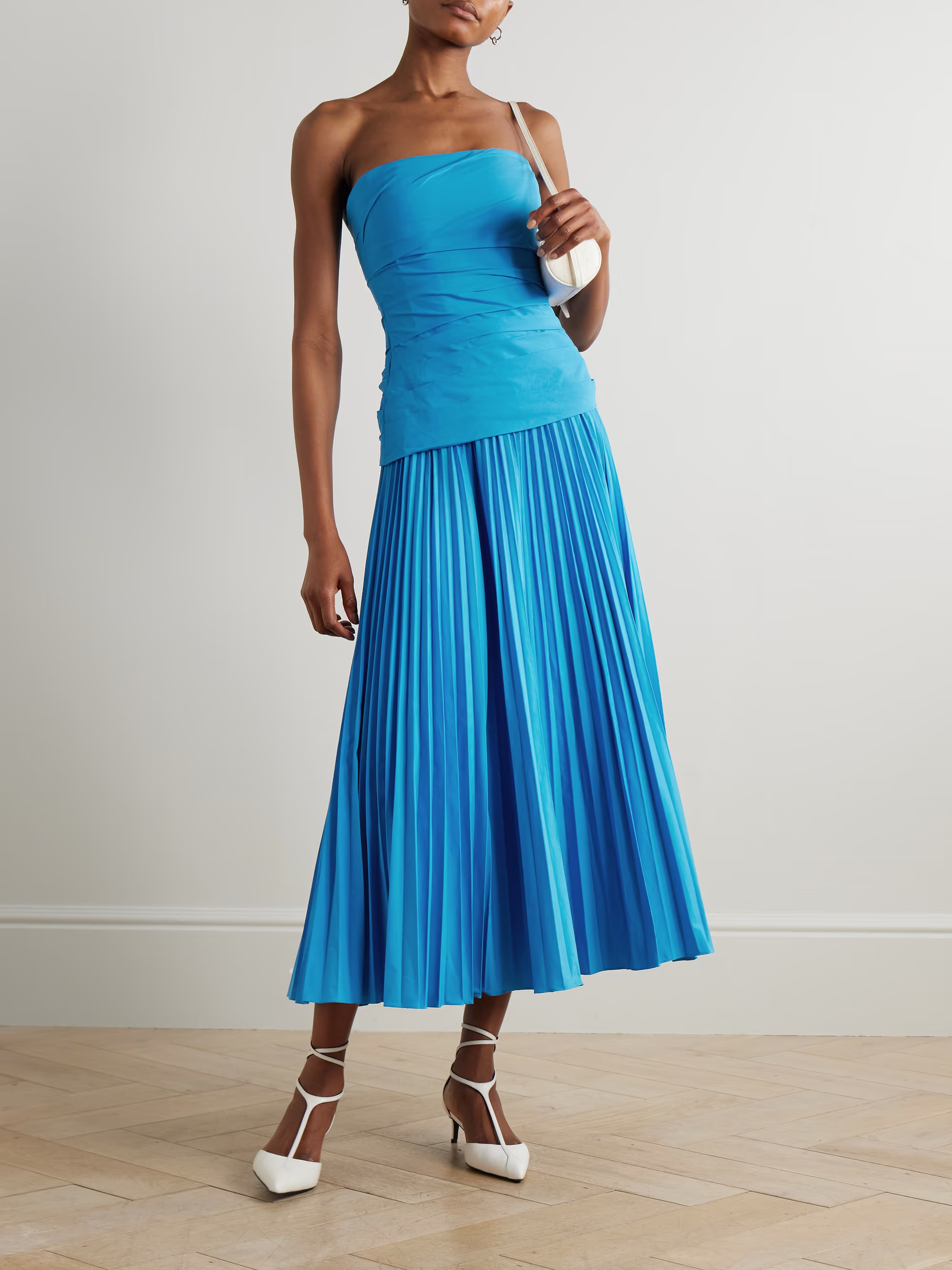 Arie strapless gathered pleated cotton-blend poplin midi dress | NET-A-PORTER (UK & EU)