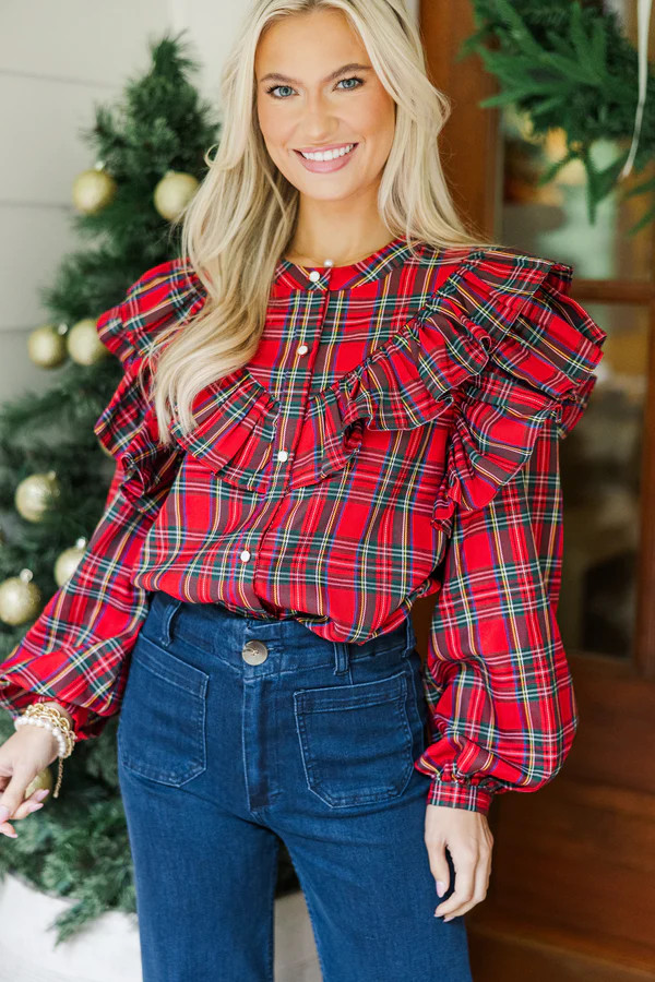 It's All Possible Red Tartan Plaid Button Down Blouse | The Mint Julep Boutique