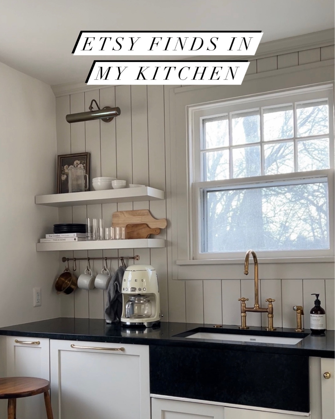 Kitchen items from Etsy - brass hook rail, brass bridge faucet, custom wood floating shelves 

#LTKFind #LTKhome