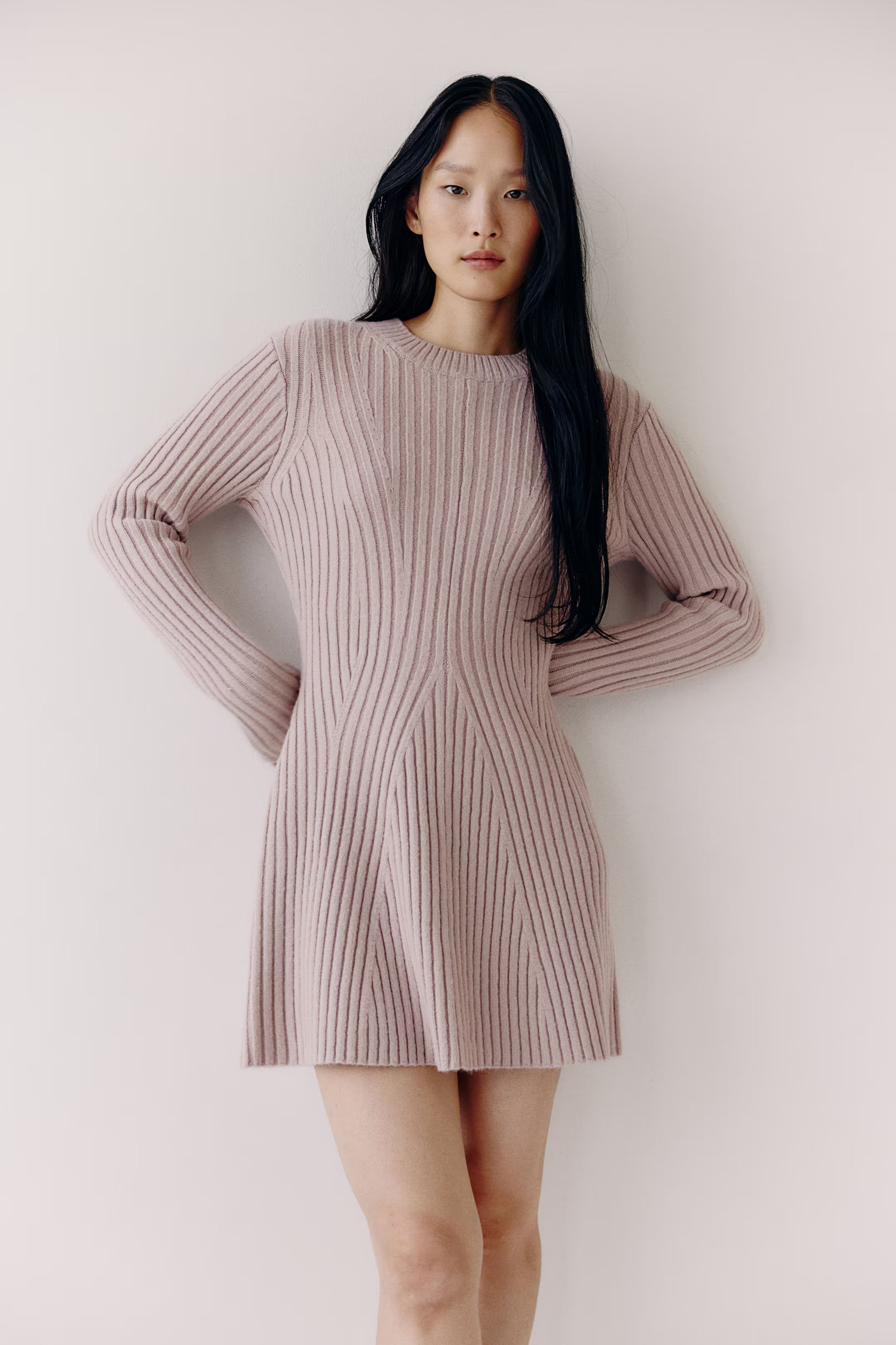 Rib-knit Dress - Long sleeve - Short - Powder pink - Ladies | H&M US | H&M (US + CA)