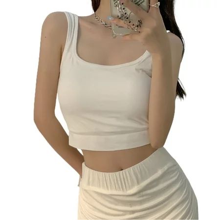 Women s Sleeveless Strappy Ribbed Knit Basic Plain Crop Tank Top White | Walmart (US)