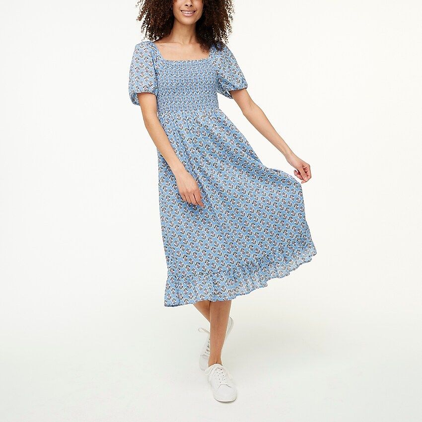 Block-print smocked midi dress with puff sleeves | J.Crew Factory