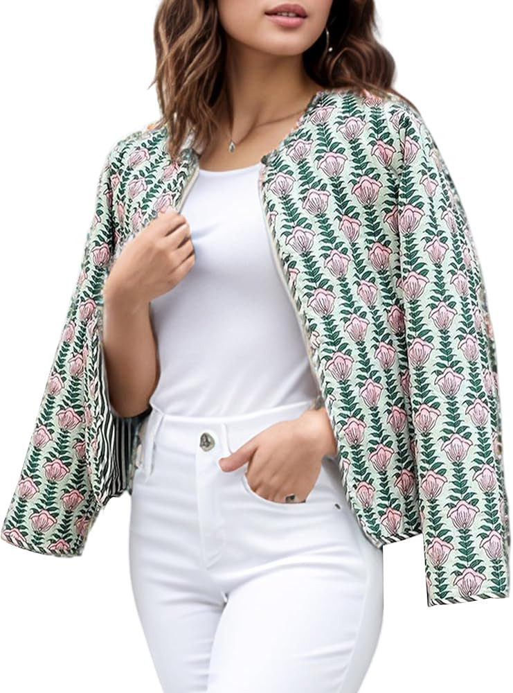Yimoon Quilted Jackets for Women Reversible Floral Print Open Front Lightweight Cropped Puffer Ja... | Amazon (US)