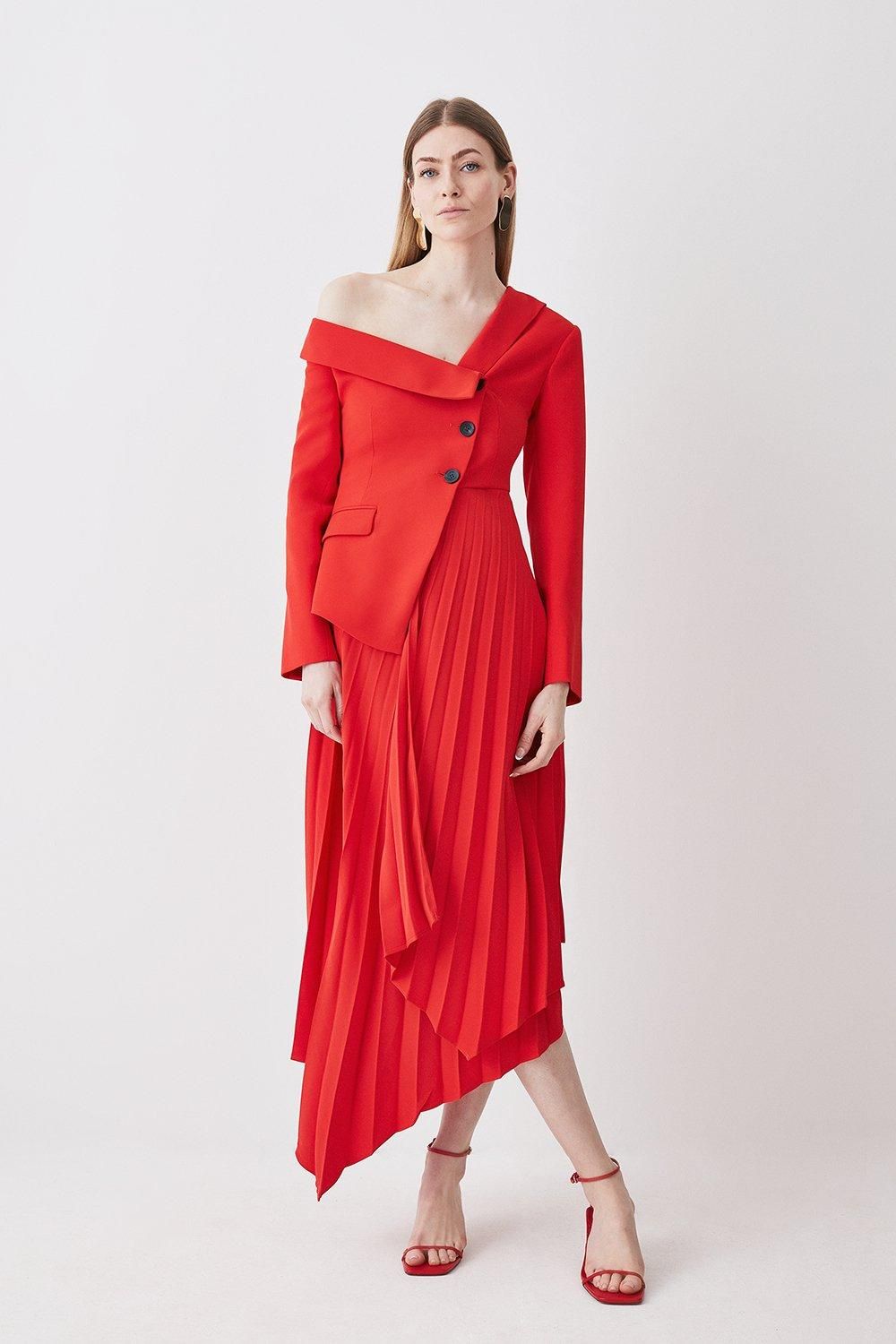 Tailored Crepe Asymmetric Pleated Midi Dress | Karen Millen UK + IE + DE + NL