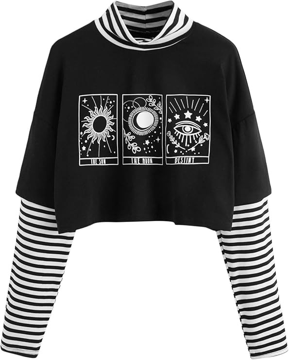 SweatyRocks Women's Color Block Butterfly Print Striped Long Sleeve Crop Top T Shirt | Amazon (US)