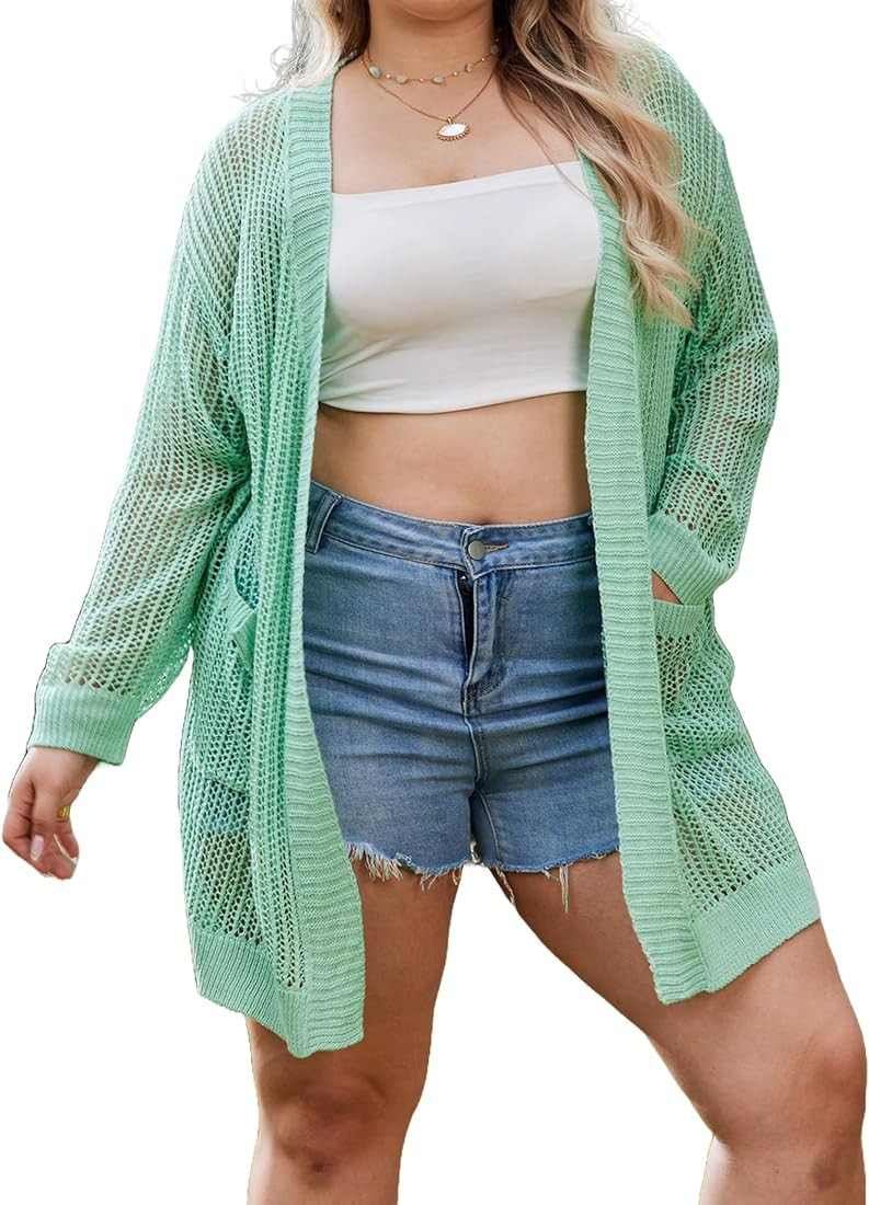IN'VOLAND Plus Size Lightweight Crochet Cardigan for Women Long Sleeve Open Front Knit Casual Car... | Amazon (US)