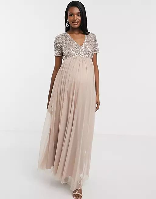 Maya Maternity Bridesmaid v neck maxi tulle dress with tonal delicate sequins in taupe blush | ASOS (Global)
