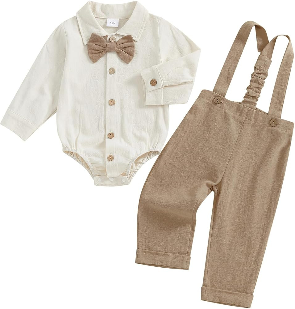 Infant Baby Boys Gentleman Outfits Long Sleeve Bowtie Romper+Suspender Overalls Pants Set Wedding... | Amazon (US)