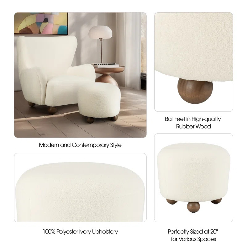 17"H Beige Round Ottoman With Ball Feet | Wayfair North America