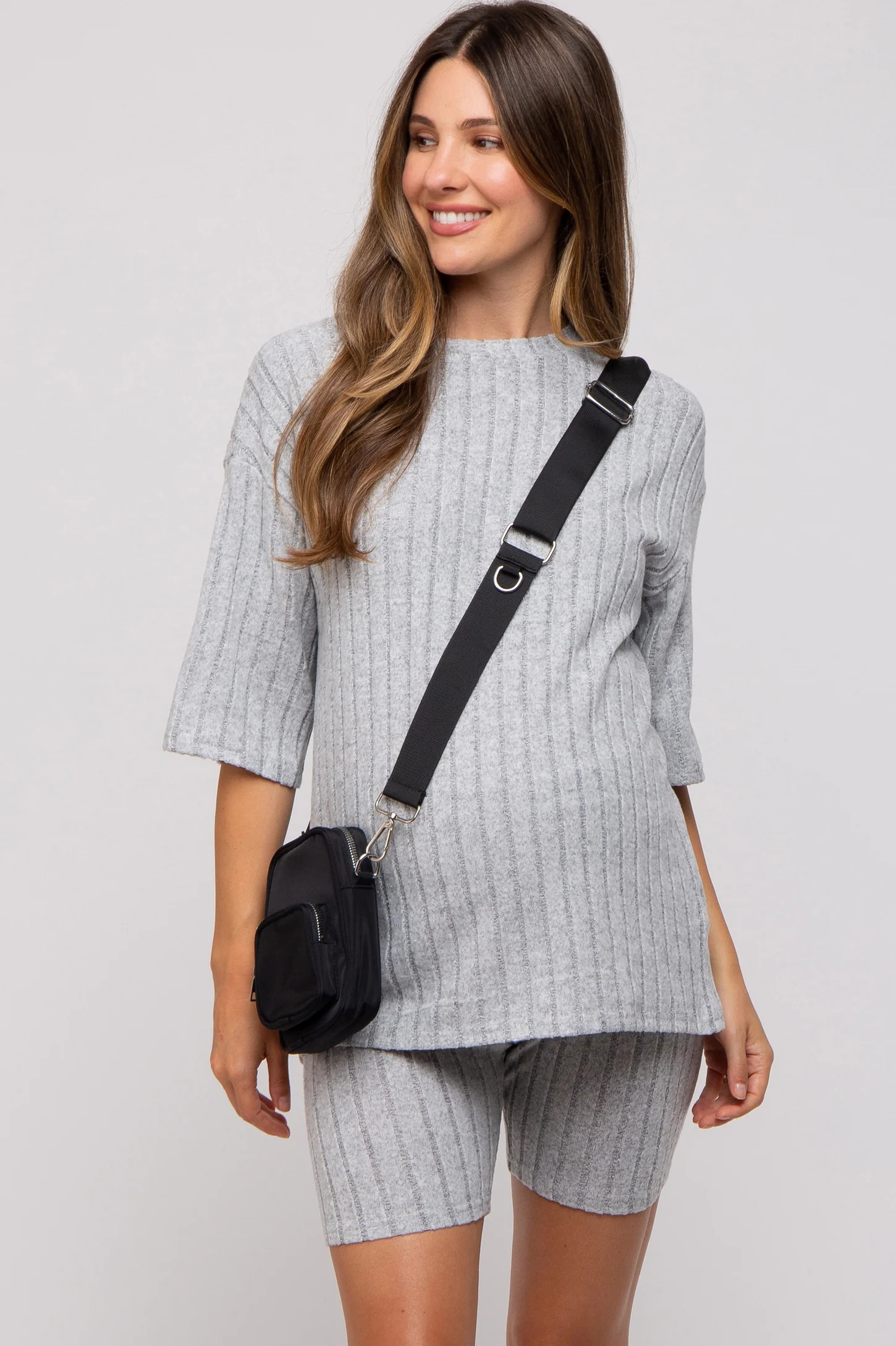 Black Ribbed Soft Short Sleeve Maternity Shorts Set | PinkBlush Maternity