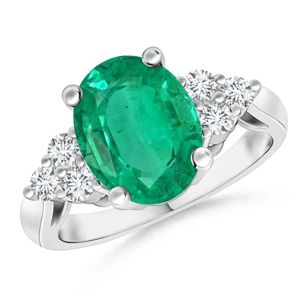 GIA Certified Oval Emerald Ring with Trio Diamonds | Angara Inc.