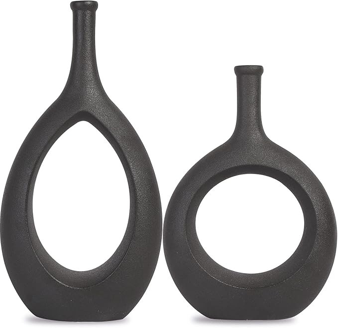 SANFERGE Set of 2 Black Ceramic Flower Vase, Hollow Oval Vase for Home Décor Office Decoration, ... | Amazon (US)