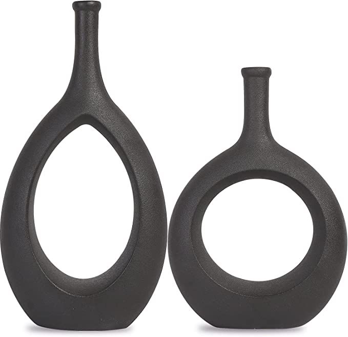 SANFERGE Set of 2 Black Ceramic Flower Vase, Hollow Oval Vase for Home Décor Office Decoration, ... | Amazon (US)