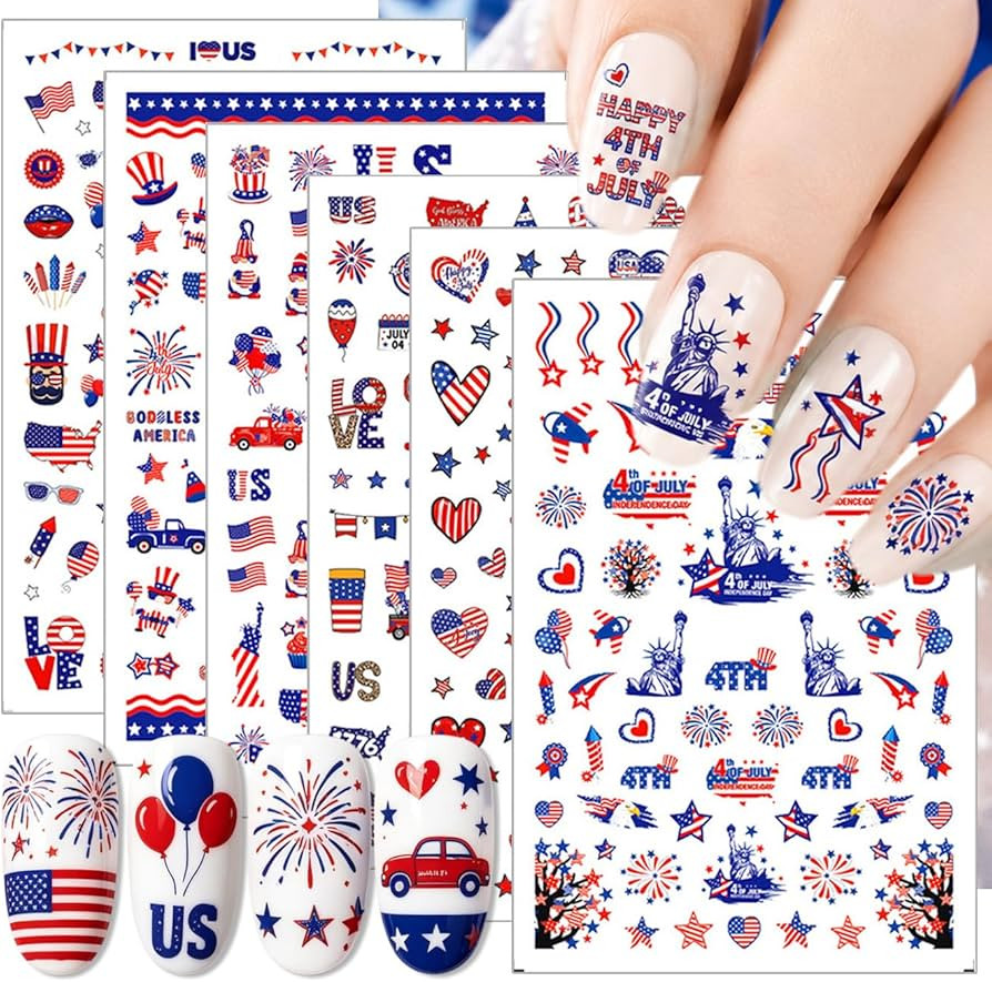 4th of July Nail Stickers Decals Red White Blue Independence Day Map Fireworks 3D Self-Adhesive N... | Amazon (US)