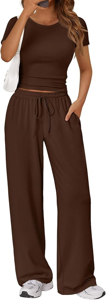 Trendy Queen 2 Piece Matching Summer Sweatsuit Lounge Set Womens Wide Leg Pants Side Ruching Crop... | Amazon (US)