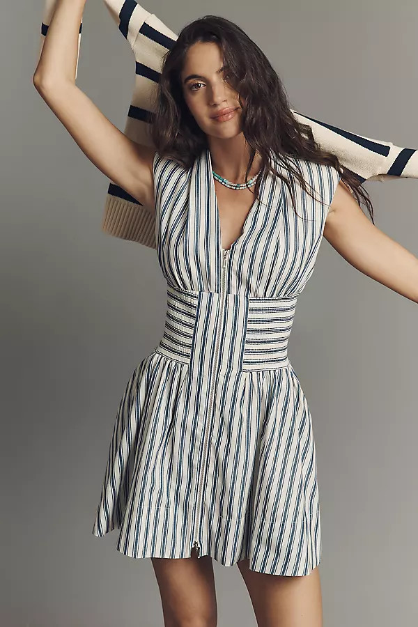 The Tommie Cap-Sleeve Smocked Front-Zip Mini Shirt Dress: Stripe Edition | Anthropologie (US)