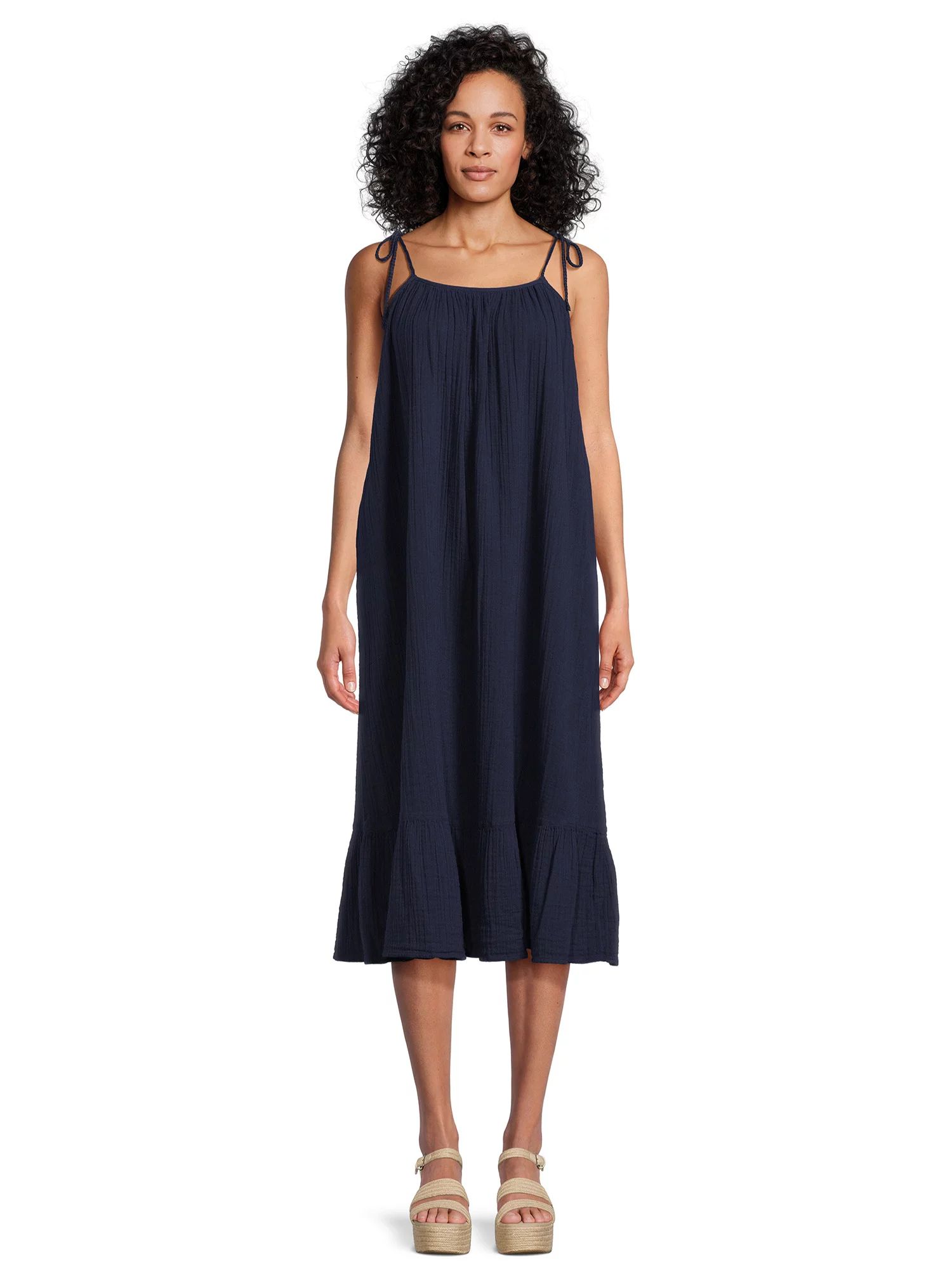Time and Tru Women's Tie Shoulder Midi Dress, Sizes XS-XXXL - Walmart.com | Walmart (US)