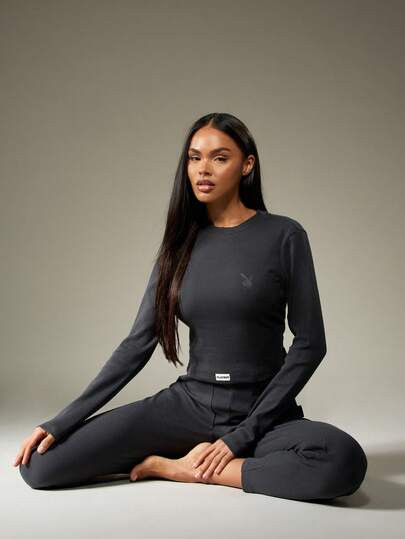 Missguided x Playboy Set da due pezzi in costine, top corto a maniche lunghe e leggings, set casu... | SHEIN