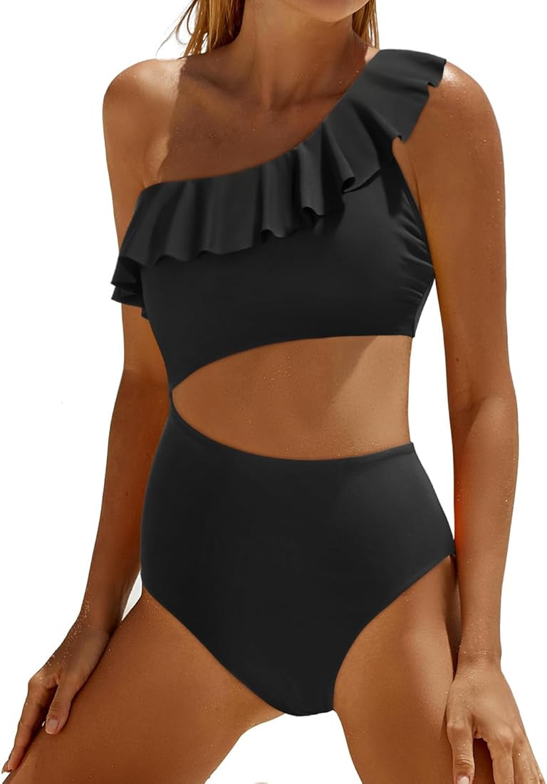 Women One Piece Cutout Swimsuits - One Shoulder Ruffle Cut Out Bathing Suit Swimwear Monokini 202... | Amazon (US)
