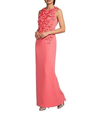 Belle by Badgley Mischka Ava High Neck 3D Cascading Floral Sheath Gown - 4 | Dillard's