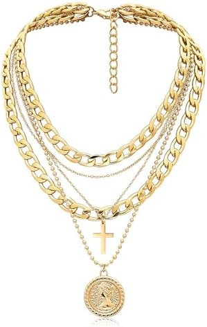 MJartoria Layered Necklaces for Women Trendy Retro Coin Pendant Necklace Dainty Chunky Chain Chok... | Amazon (US)