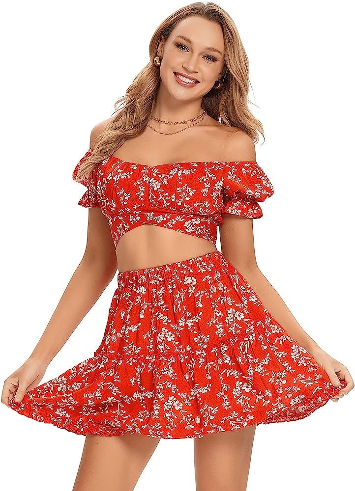 LYANER Women's 2 Piece Outfits Floral Off Shoulder Tie Up Crop Top and Mini Skirt Set | Amazon (US)