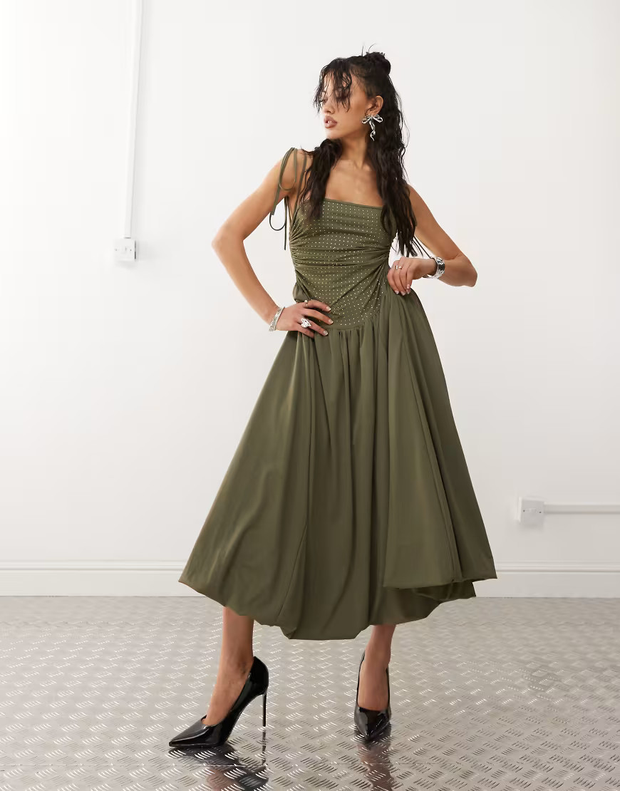 Amy Lynn Alexa puffball midi dress with hotfix bodice in khaki-Green | ASOS (Global)