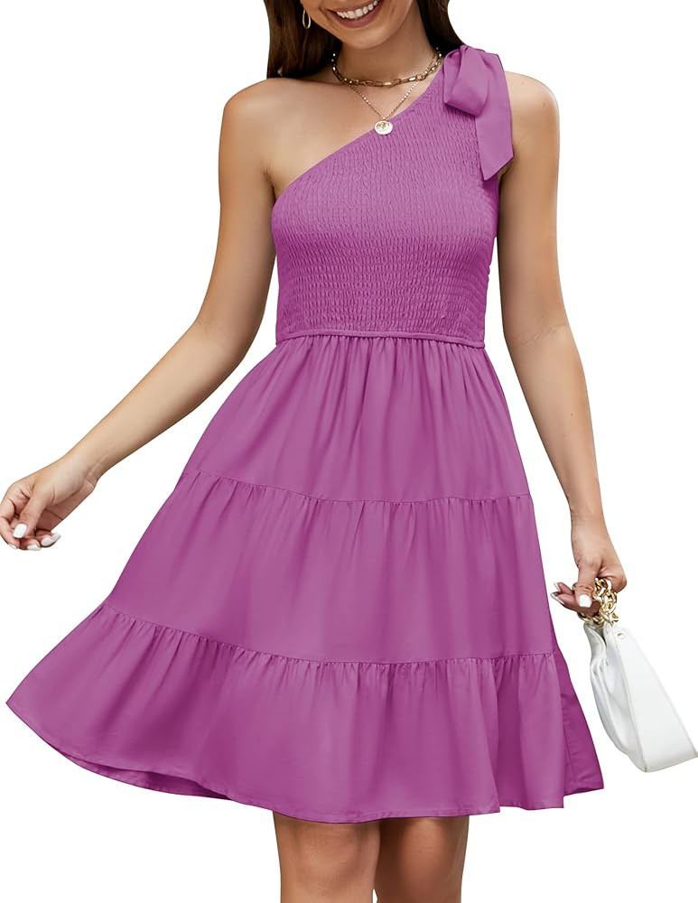 ZESICA Women's 2023 Summer Boho One Shoulder Sleeveless Solid Color Smocked Tiered Ruffle A Line ... | Amazon (US)