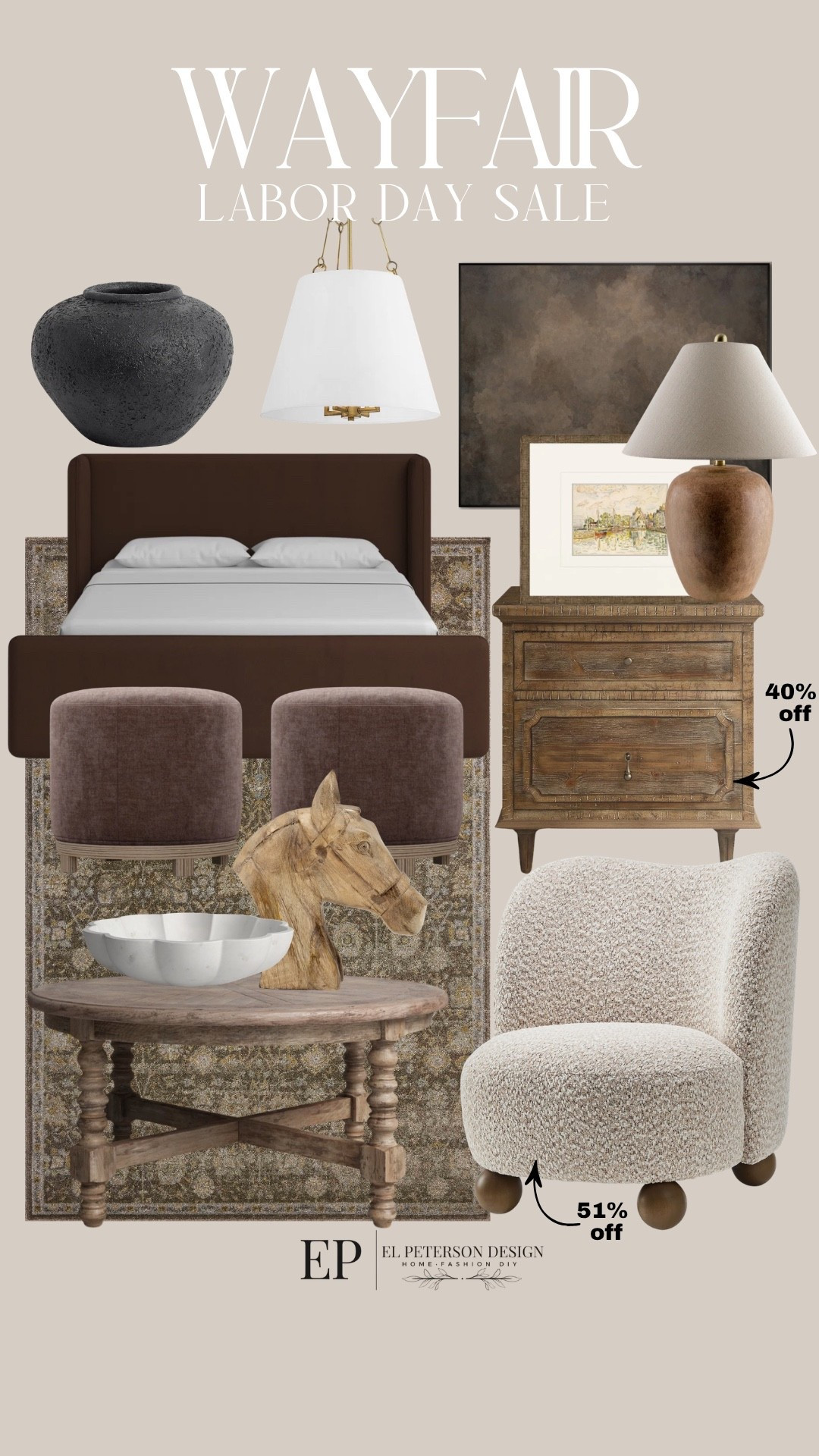 Wayfair
Labor Day Sale
Upholstered bed
Accent Chair
Coffee table
Bowl
Horse figurine
Nighstand
Rug
Artwork 
Table lamp
Vase
Pendant light
Picture frames

#LTKHome #LTKSaleAlert