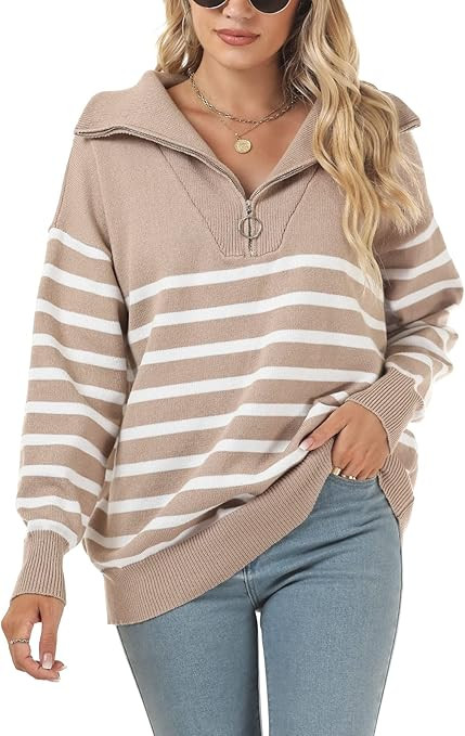 Women's Long Sleeve 1/4 Zip Pullover Sweaters Casual Striped Oversized V Neck Loose Slouchy Knit ... | Amazon (US)