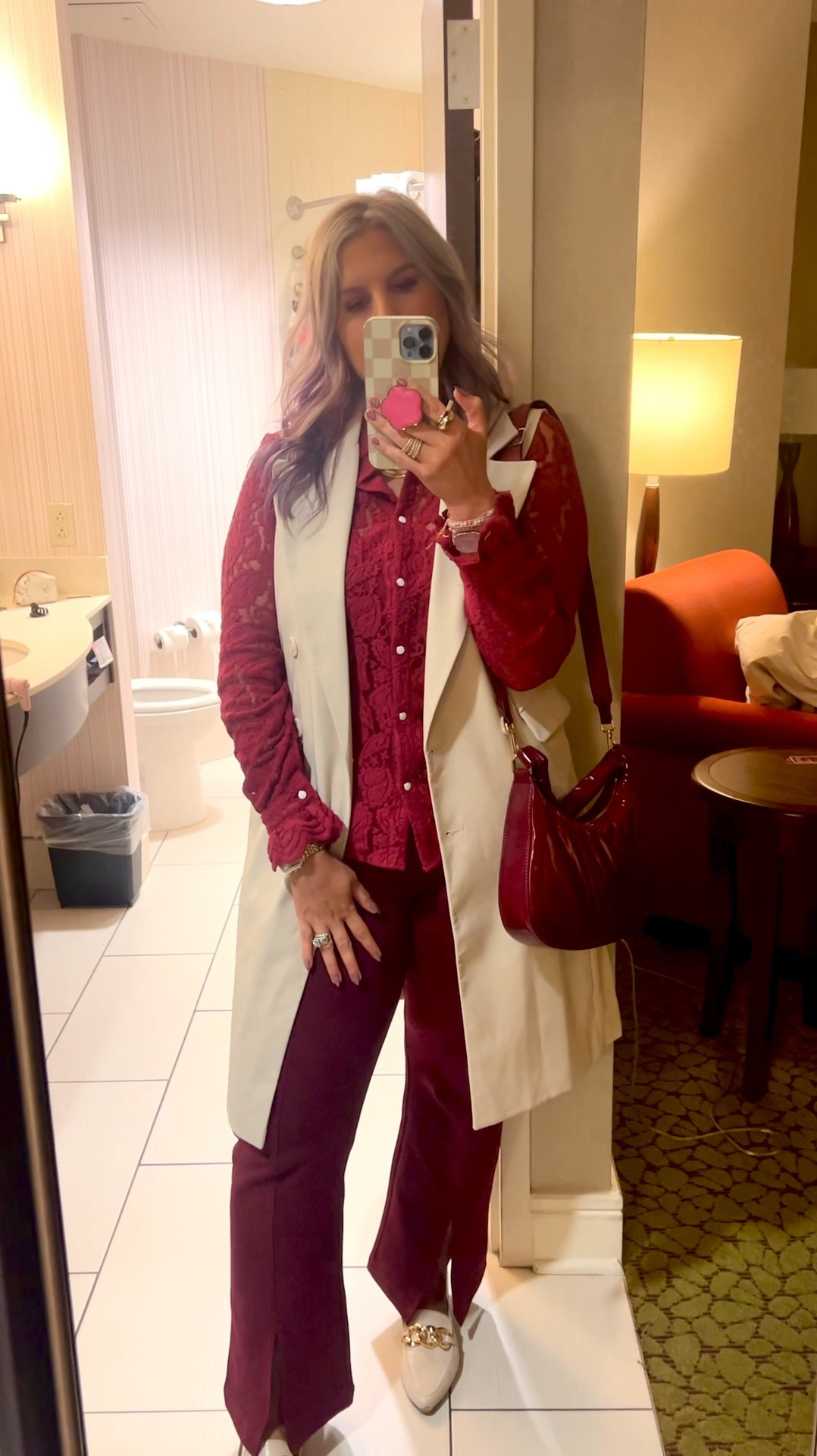 ✨SIZING•PRODUCT INFO✨
⏺ Lace Blouse // Cranberry button up Lacey blouse // size large @amazonfashion 
⏺ Workwear pants // Cranberry split-hem ponte center-seam pull on stretch work pants // XL, TTS @walmartfashion 
⏺ Trench // Cream sleeveless trench coat vest - linked similar from @amazonfashion 
⏺ Cranberry bag // Shiny patent puffer style crossbody bag •• mine no longer available from @targetstyle but linked similar option(s) from @amazonfashion 
⏺ Loafer Mules // Ivory flats with chunky gold chain •• mine no longer available from @walmartfashion but linked similar option(s) from @amazonfashion 
⏺ Two-tone watch @thewatchedit
⏺ Chunky gold chain & gold ring infinity bank stack @ettika 
⏺ Mrs. Pendant necklace •• mine no longer available from @katespade but linked similar option(s) from @amazonfashion 
⏺ Bar ring, gold statement ring @amazon 
⏺ Gold earrings, edgy spike earrings in gold @amazon 

#amazon #amazonfashion amazon finds, amazon find, amazon style, amazon fashion, amazon clothing, amazon outfit, found it on amazon, amazon fashion finds, amazon summer, amazon spring, amazon fall, amazon winter, amazon outfit inspo, amazon outfit inspiration, amazon curves, amazon curvy, curvy amazon, midsize amazon, amazon midsize, amazon ootd, amazon shopping, new on amazon #workwear #work #outfit #workwearoutfit #workwearstyle #workwearfashion #workwearinspo #workoutfit #workstyle #workoutfitinspo #workoutfitinspiration #worklook #workfashion #officelook #office #officeoutfit #officeoutfitinspo #officeoutfitinspiration #officestyle #workstyle #workfashion #officefashion #inspo #inspiration #slacks #trousers #professional #professionalstyle #professionaloutfit #professionaloutfitinspo #professionaloutfitinspiration #professionalfashion #professionallook #dresspants 
#size14 #size16 #size12 #medium #large #extralarge #xl #curvy #midsize #pear #pearshape #pearshaped
budget fashion, affordable fashion, budget style, affordable style, curvy style, curvy fashion, midsize style, midsize fashion


#LTKFindsUnder50 #LTKMidsize #LTKWorkwear