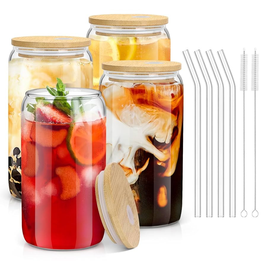 sungwoo 4PCS Glass Cups with Bamboo Lids and Straws, 16OZ Ice Coffee Cup, Drinking Cup set with W... | Amazon (US)