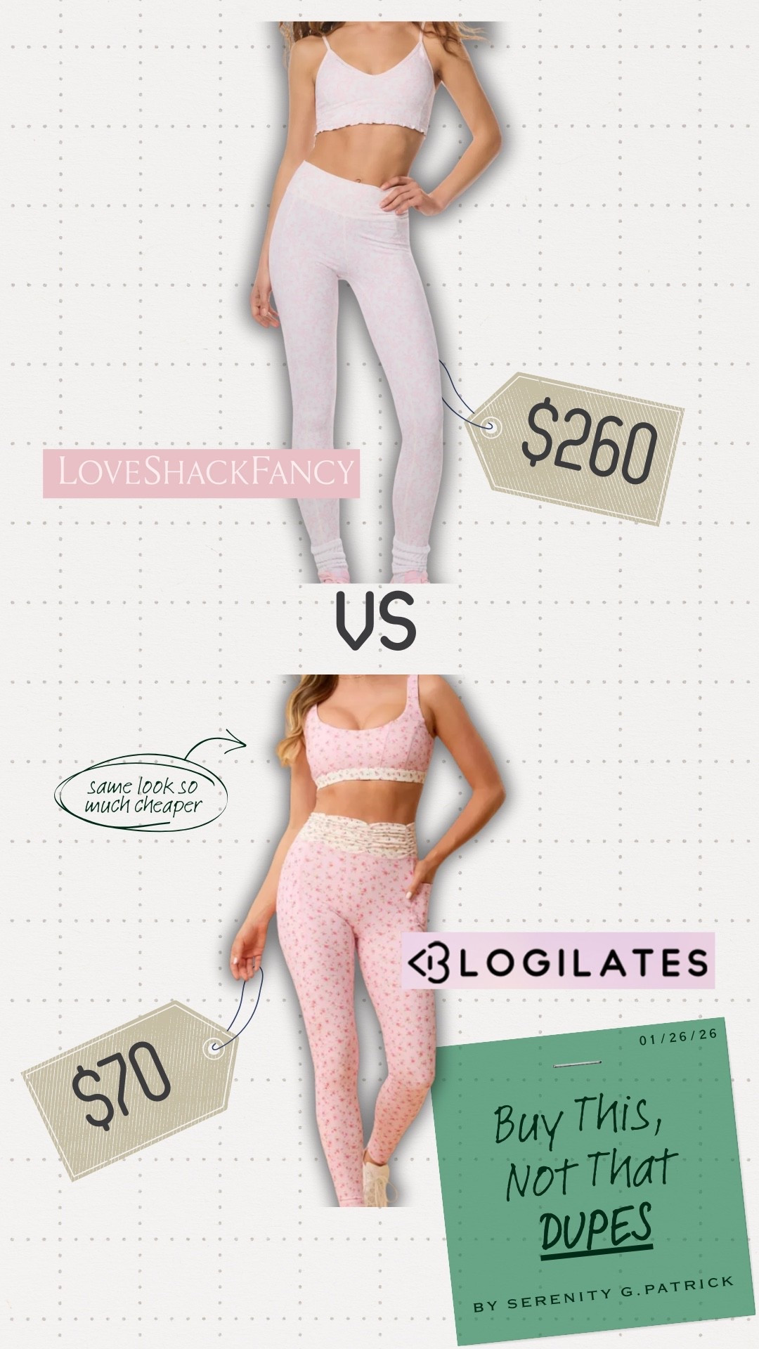 We all like to look bougie on a budget, and dupes are the new way to get the look in an inexpensive way. The new active wear trend is love shack fancy pink florals. A cute active set from the brands is well into hundred of dollars. But, target released a similar print that is identical to the love shack fancy x Stanley cups/kendra Scott collabs. While there are some slight difference between the two brands, for an over $190 in savings you can’t beat the price. 

(January 26 2026)

#LTKActive #LTKBeauty #LTKValentine