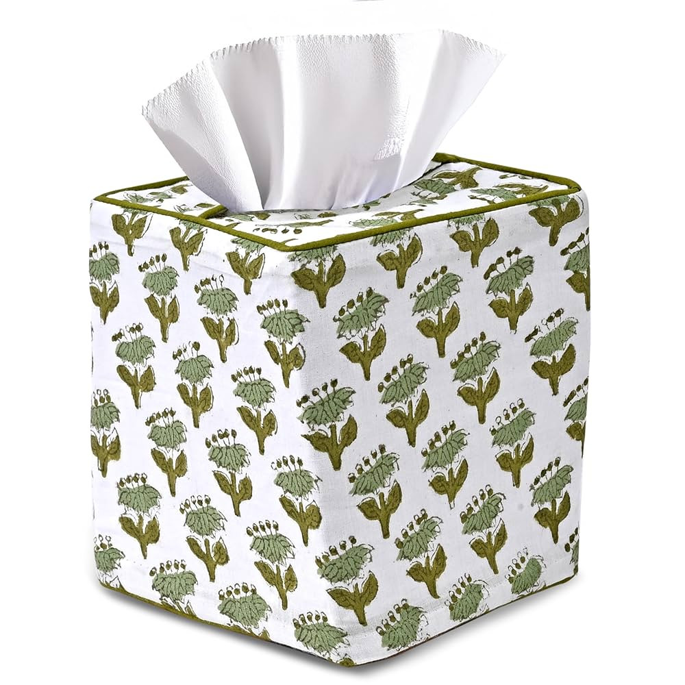 CPC Emerald Green Hand Block Printed Cotton Tissue Box Cover 5" x 5" x 5.5" Square Soft Reusable ... | Amazon (US)