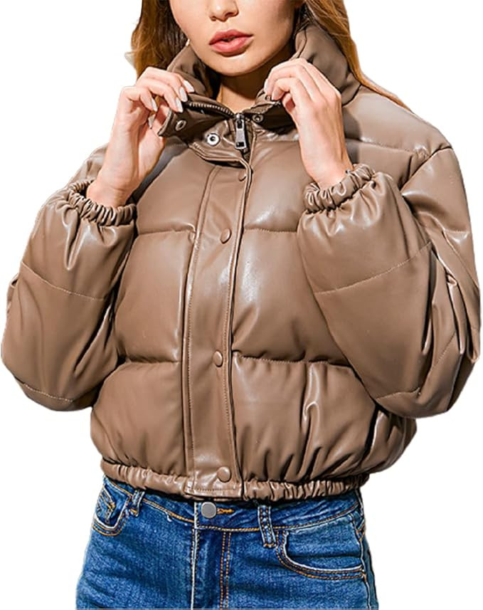 Chartou Women's Warm Stand Collar Quilted Faux Leather Puffer Cropped Jacket | Amazon (US)