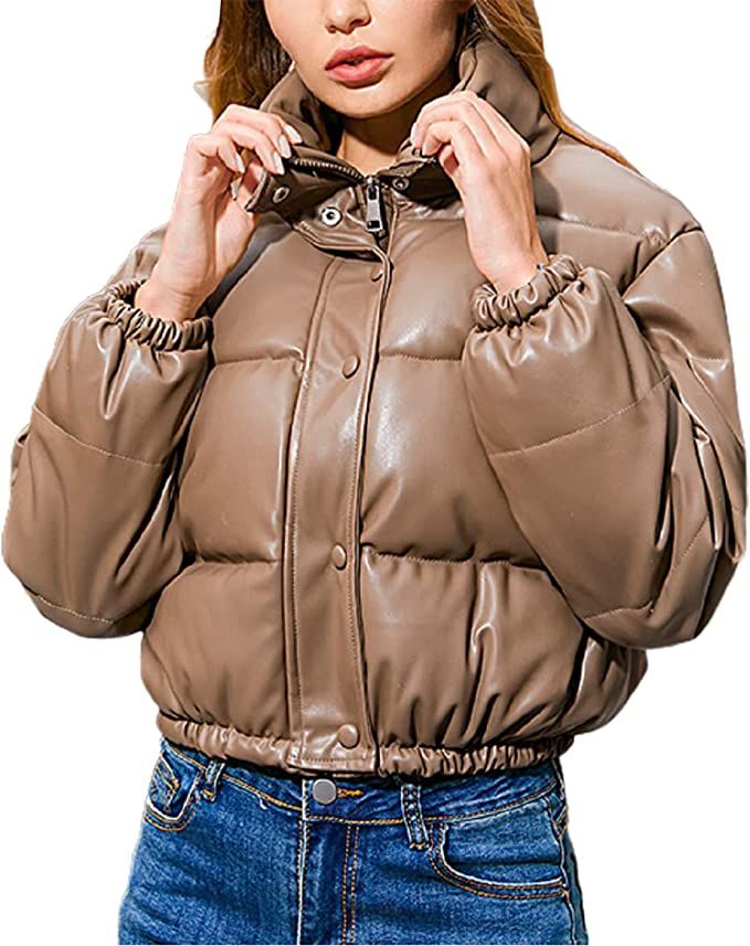 Chartou Women's Warm Stand Collar Quilted Faux Leather Puffer Cropped Jacket | Amazon (US)