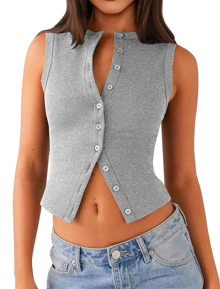 Womens Going Out Tops Summer Spring Ribbed Tank Sexy Crop Cute Y2K Button Down T Shirts Fashion C... | Amazon (US)