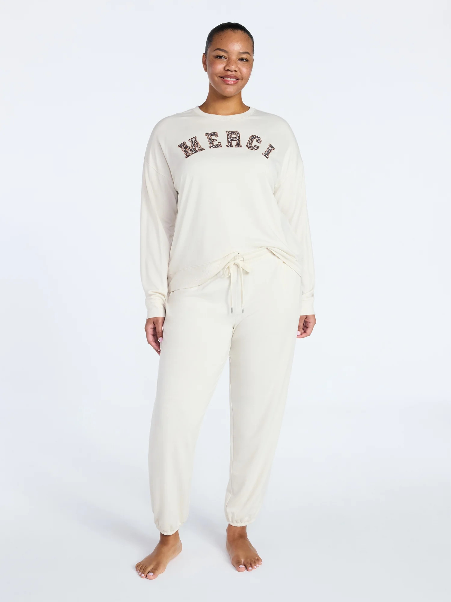 Joyspun Women's French Terry Long Sleeve Sleep Top and Joggers Lounge Set, 2-Piece, Sizes XS-3X | Walmart (US)