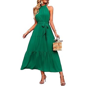 PRETTYGARDEN Women's Summer Floral Maxi Sun Dress Sleeveless Halter Neck Flowy Ruffle Hem Long Bo... | Amazon (US)