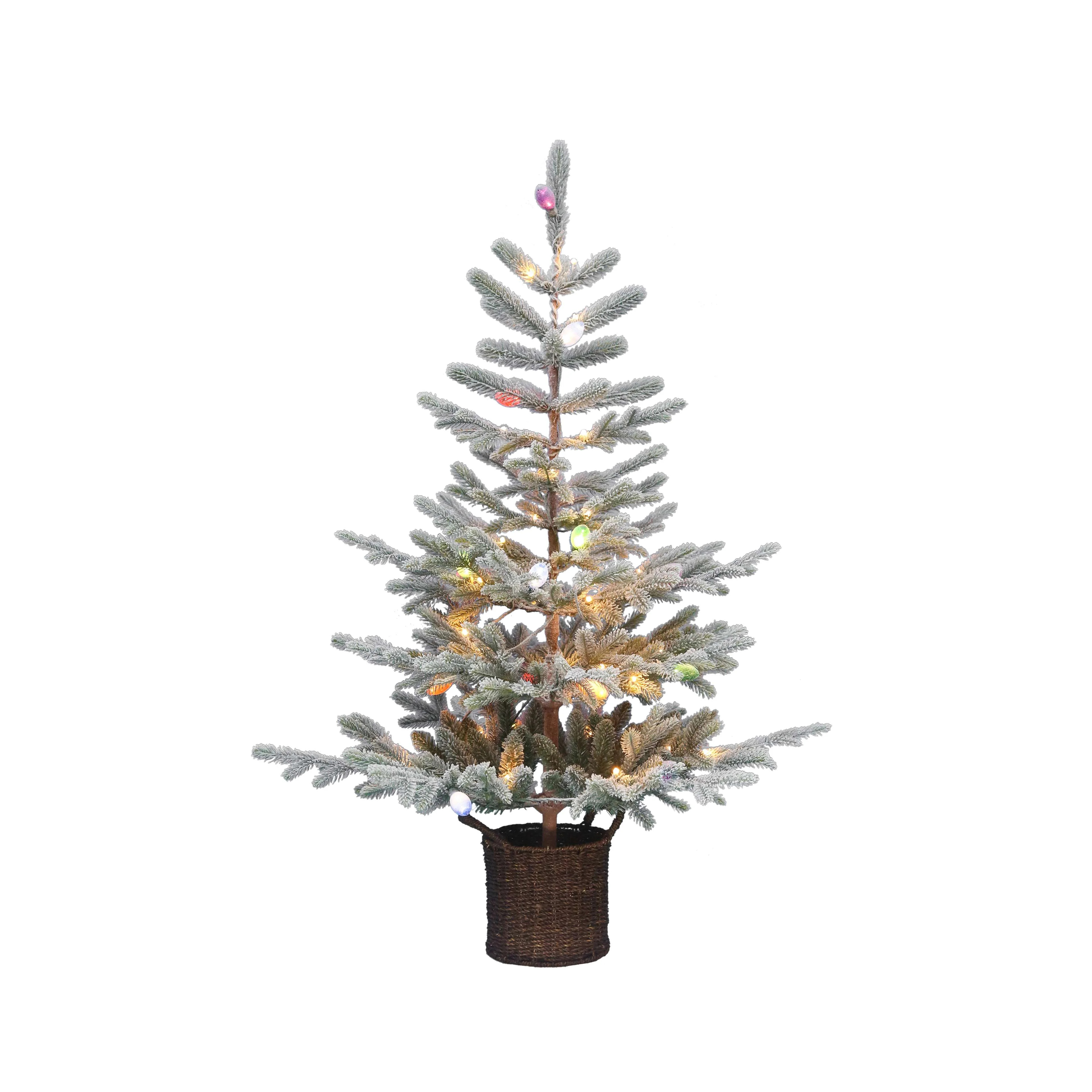4.5' Pre-Lit Fir Green Flocked Artificial Potted Christmas Tree with Color Caps and Shimmer Glo L... | Walmart (US)