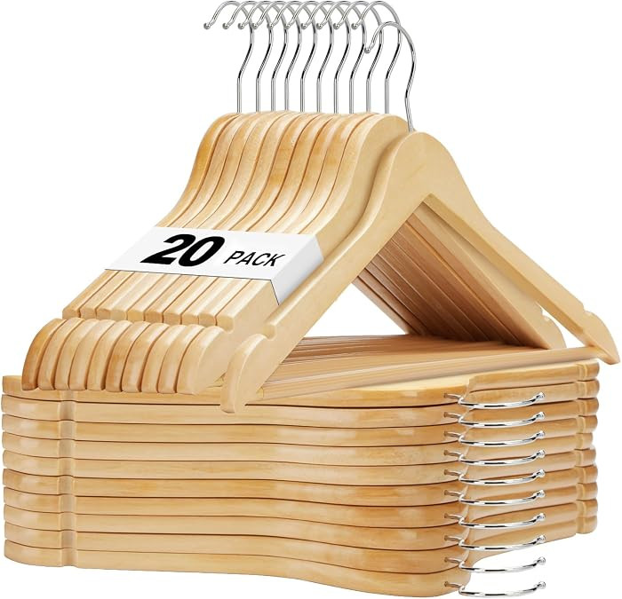 HOUSE DAY Wooden Hangers 20 Pack, Solid Wood Hanger with Non Slip Pant Bar, Heavy Duty Wooden Coa... | Amazon (US)