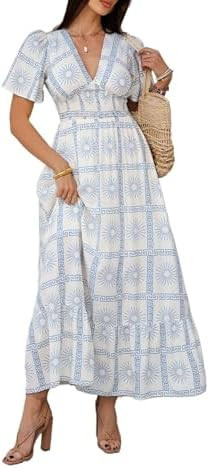 Boho Floral Maxi Dress for Women 2026 Empire Waist Short Sleeve Dresses Summer Beach Vacation Wed... | Amazon (US)
