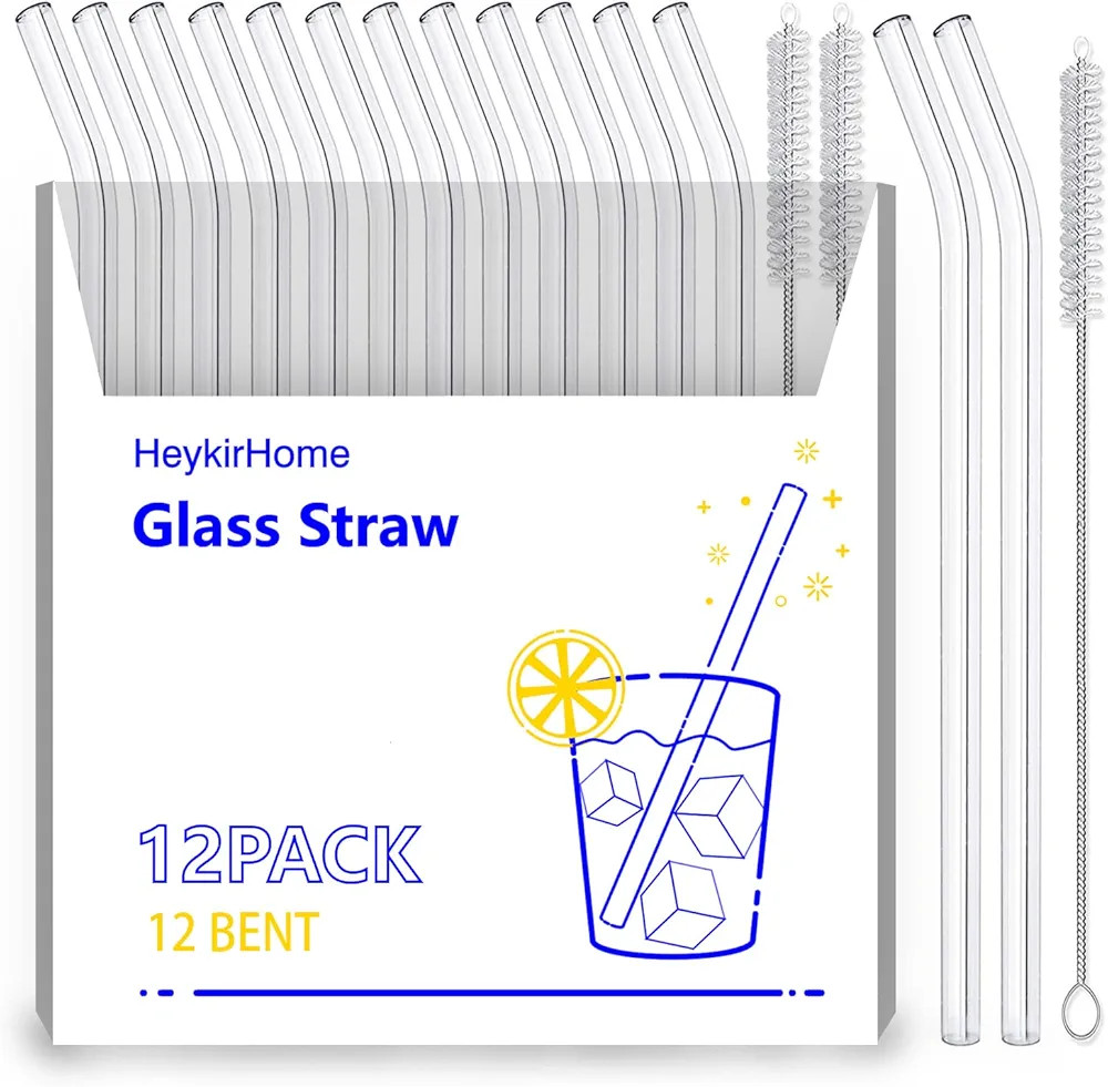 HeykirHome 12-Pack Reusable Glass Straws,Size 8''x10 MM,Including12 Bent with 2 Cleaning Brush- P... | Amazon (US)