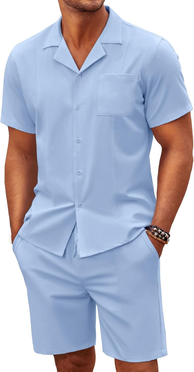 COOFANDY Men's 2 Pieces Shirt Sets Casual Short Sleeve Button Down Shirt and Short Sets Summer Be... | Amazon (US)