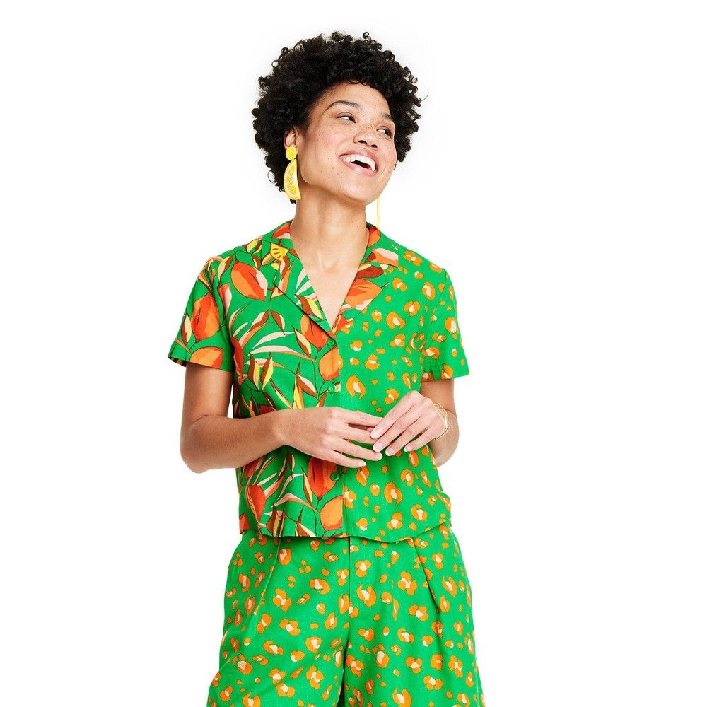 Women's Leopard/Orange Print Button-Down Shirt - Tabitha Brown for Target Green XXS | Target