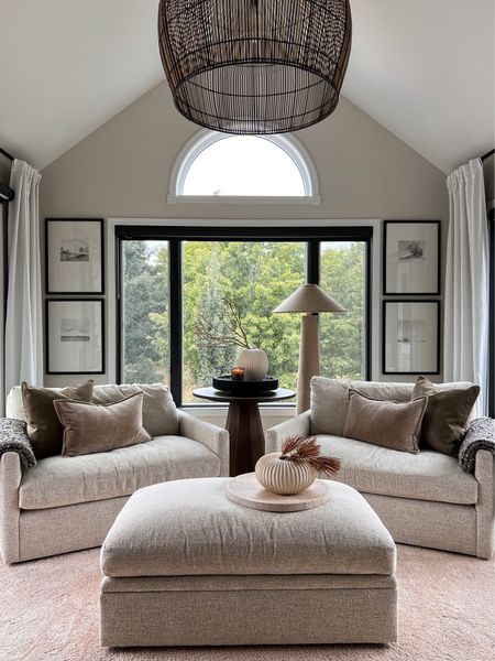Cozy sunroom decor for early fall. 

Arhaus, McGee and co, pottery barn, blackout curtains, gallery frames, round side table, oversized chair, storage ottoman, 

#LTKhome #LTKSeasonal #LTKstyletip