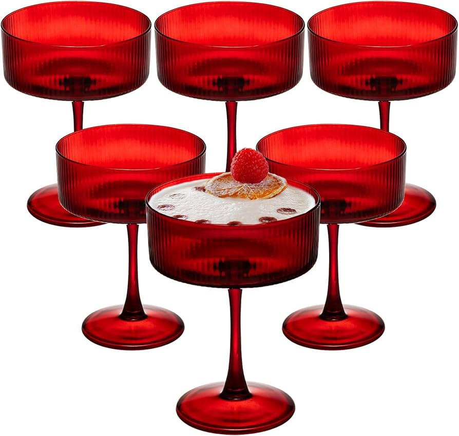 Martini Glasses Set of 6,Vintage Champagne Cocktails Glasses,10.5 Ounces Large Red Ribbed Coupe D... | Amazon (US)