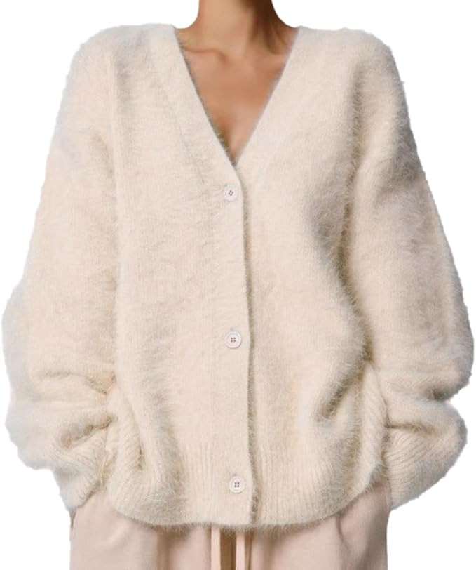 Womens Fuzzy Sweaters Cardigan V-Neck Button Down Oversized Mohair Sweater Casual Y2k 2025 Fall W... | Amazon (US)