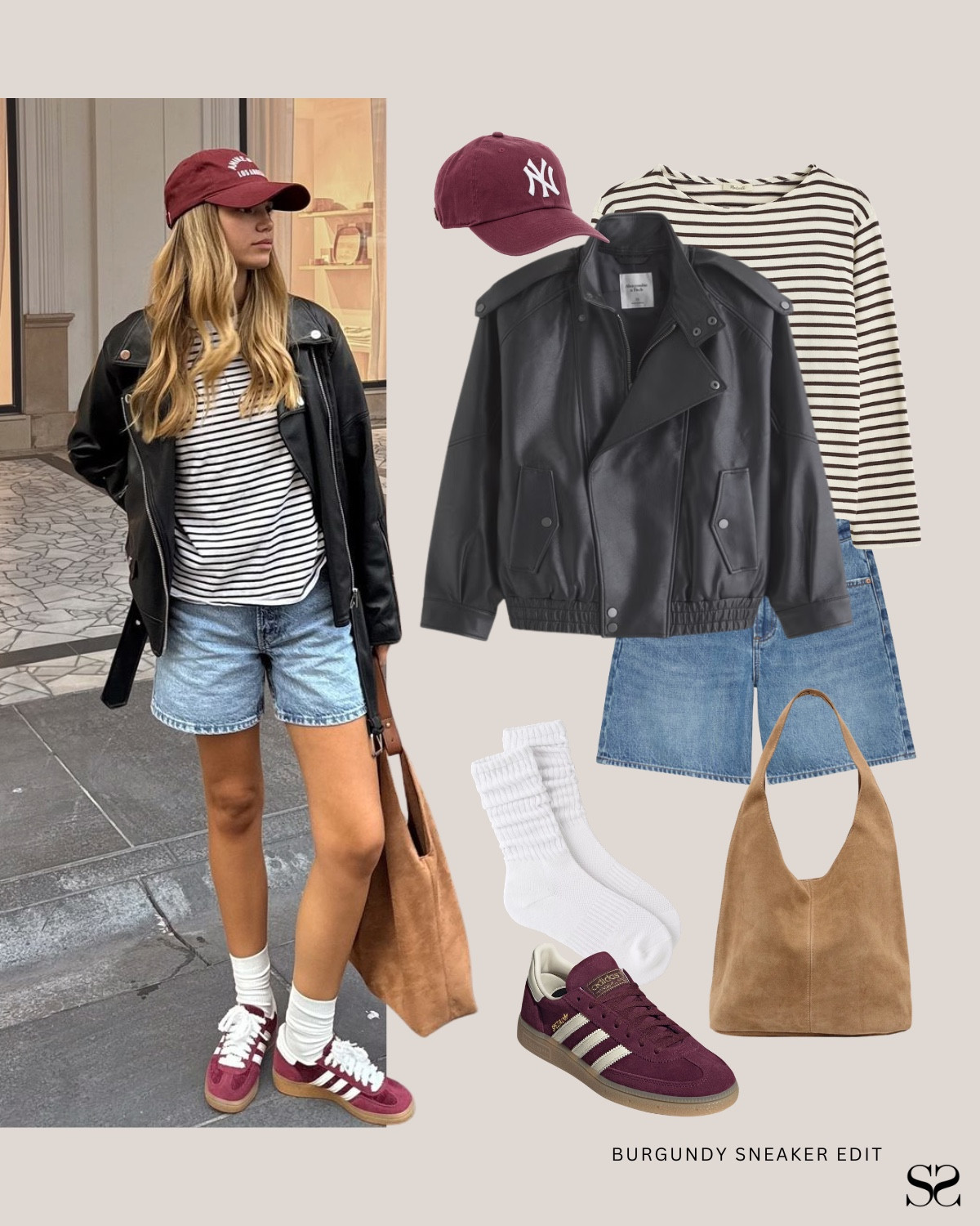 Ways to style burgundy sneakers: match the cap to the sneaker. 

Striped tee, denim shorts, leather jacket, burgundy baseball cap, Adidas sneakers.

#LTKootd #LTKgrwm
